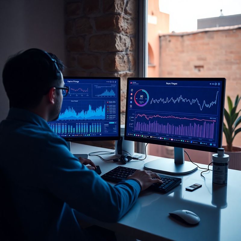 Data analitičar radi na dvostrukom monitoru